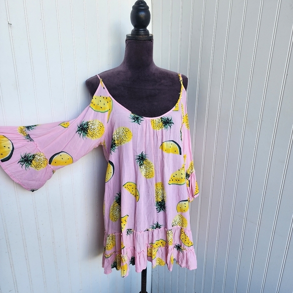 Solitaire Swim Cover Up Dress Pink Yelloe Pinapple Mellon Print Lighweight Sz M - Picture 2 of 11